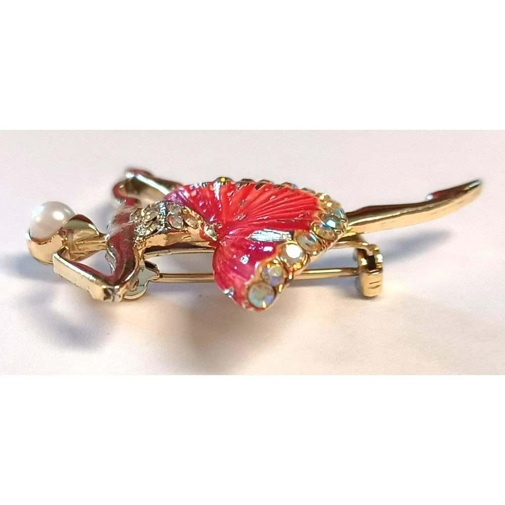Ballerina Dancer Brooch Pin Gold Tone Red Enamel Rhinestone Faux Pearl Accent